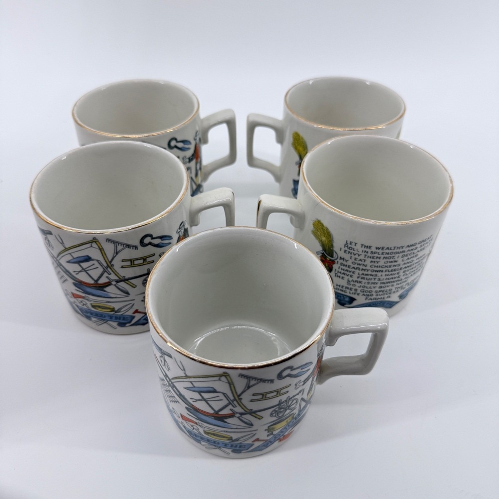 Burgess & Leigh God Speed The Plough Mugs Set 5 Ceramic White Farmhouse Vintage